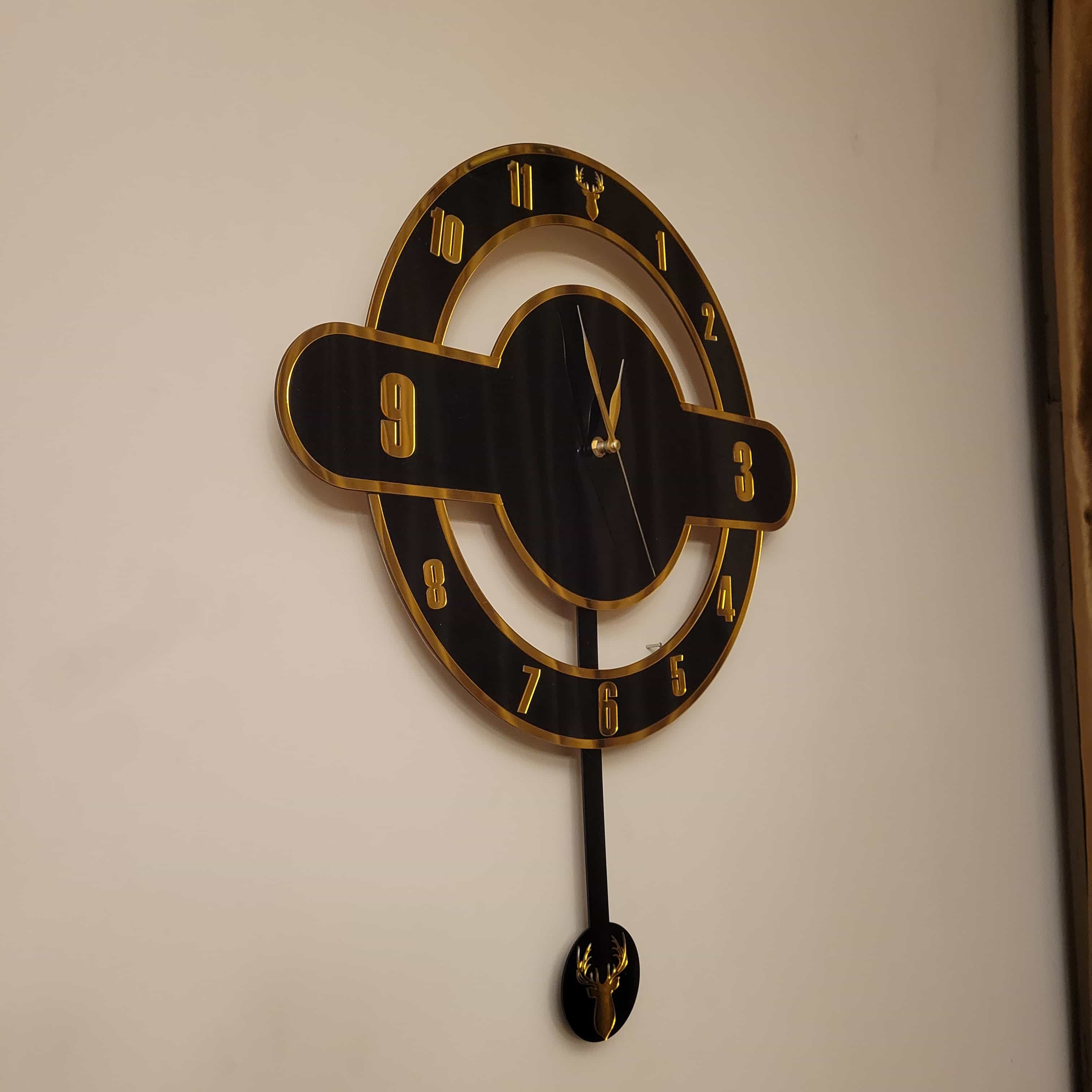 Modern Dual-Layer Deer Pendulum Acrylic Wall Clock – Black & Gold (16 Inches)