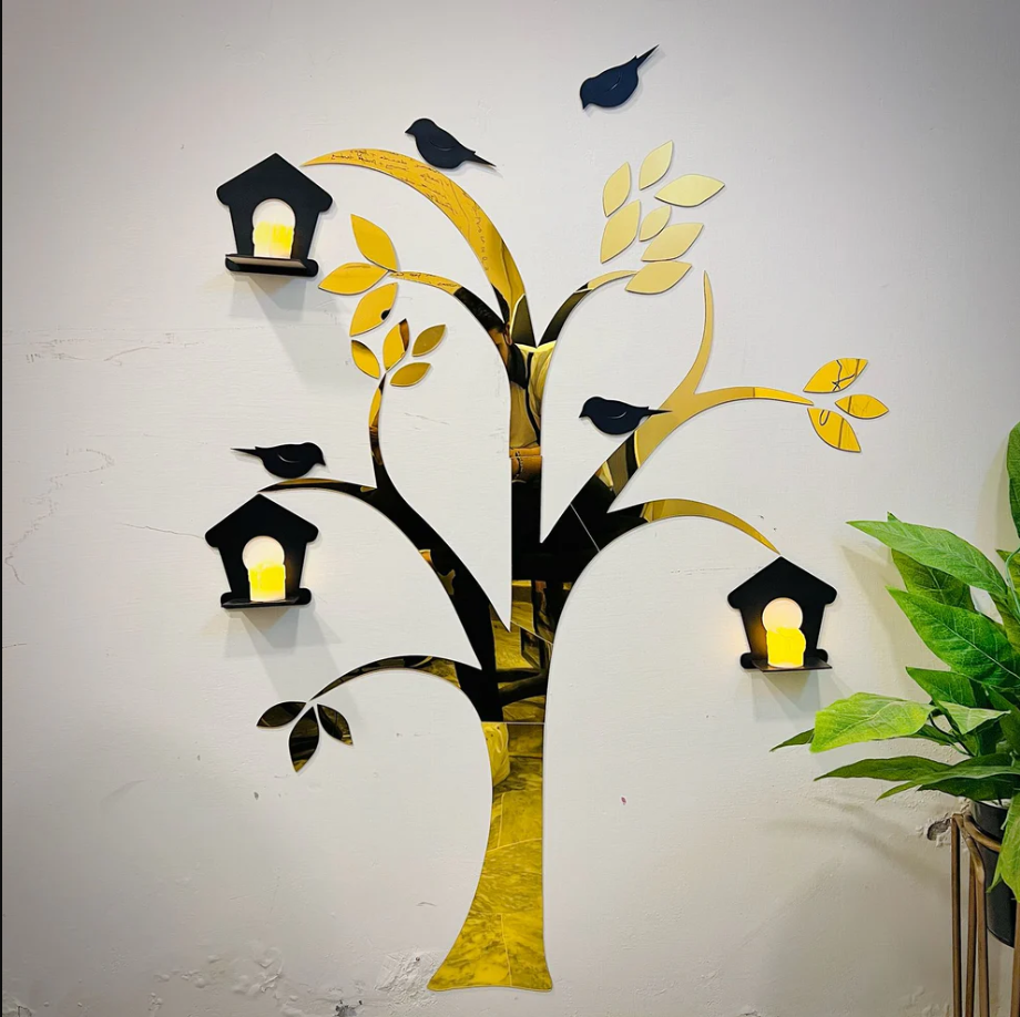 Golden Acrylic Birds on Tree Decor For Wall Decor